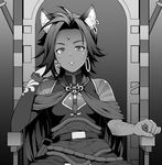  animal_ears bindi cleavage_cutout commentary earrings gloves greyscale hiroya_juuren hoop_earrings jewelry looking_at_viewer monochrome rwby sienna_khan single_glove solo throne tiger_ears 