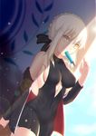  absurdres adapted_costume argyle_cutout artoria_pendragon_(all) artoria_pendragon_(swimsuit_rider_alter) black_dress black_jacket black_ribbon breasts breasts_apart cleavage cowboy_shot dress dutch_angle eyebrows_visible_through_hair fate/grand_order fate_(series) food hair_between_eyes hair_ribbon highres ice_cream jacket lens_flare looking_at_viewer medium_breasts mouth_hold open_clothes open_jacket ribbon short_dress sideboob sidelocks silver_hair sleeveless sleeveless_dress solo standing xue_fengzi yellow_eyes 