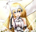  absurdres armor blonde_hair blue_eyes blush breasts crying crying_with_eyes_open eyebrows_visible_through_hair fate/apocrypha fate_(series) headpiece highres jeanne_d'arc_(fate) jeanne_d'arc_(fate)_(all) large_breasts long_hair looking_at_viewer open_mouth smile solo suisen-21 tears 