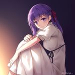  bow commentary_request dress fate/stay_night fate_(series) gradient gradient_background hair_bow hair_ribbon long_hair looking_at_viewer matou_sakura nyanya purple_eyes purple_hair ribbon simple_background sitting smile solo twitter_username white_dress 