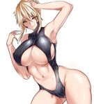  absurdres armpits artoria_pendragon_(all) artoria_pendragon_(lancer_alter) bangs bare_arms bare_shoulders blonde_hair breasts closed_mouth commentary_request covered_nipples cowboy_shot fate/grand_order fate_(series) highleg highleg_leotard highres horns kisaragi_(legobionicle23) large_breasts leotard looking_at_viewer navel short_hair simple_background smile solo stomach white_background yellow_eyes 