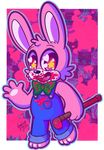  &lt;3 &lt;3_eyes 2015 3_toes 4_fingers alpha_channel alternate_form ambiguous_gender anthro barefoot big_eyes biped black_nose blood blood_on_clothing blood_on_face blood_on_teeth blood_on_tongue blood_splatter blue_clothing blush border bow_tie buckteeth button_(fastener) cheek_tuft chibi clothed clothing countershade_face countershade_torso countershading denim digital_drawing_(artwork) digital_media_(artwork) dolcisprinkles front_view full-length_portrait fur glitch handpaw head_tuft hindpaw holding_object improvised_weapon konami lagomorph looking_at_viewer mammal multicolored_fur open_mouth open_smile outline overalls pawpads paws pink_fur pipe pockets portrait purple_background rabbit red_blood red_eyes robbie_the_rabbit signature silent_hill simple_background smile solo standing star_eyes teeth textured_background toes toony transparent_background transparent_border tuft two_tone_fur video_games waving white_countershading white_fur white_pawpads wide_eyed 