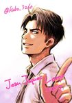  2017 black_hair blue_eyes character_name collared_shirt index_finger_raised jean-jacques_leroy kubo_mitsurou male_focus necktie official_art one_eye_closed shirt smile twitter_username yuri!!!_on_ice 
