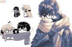  1girl amamiya_ren art_shift black_hair blush breath cat cheek-to-cheek closed_eyes fur_trim glasses gloves happy headphones jacket limited_palette morgana_(persona_5) nekobayashi_(nekoforest) one_eye_closed persona persona_5 sakura_futaba sandwiched scarf sequential shared_scarf simple_background smile snow snowing upper_body winter_clothes 