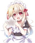  alternate_costume apron blonde_hair blush collarbone enmaided eyebrows_visible_through_hair fate/stay_night fate_(series) floating_hair hair_between_eyes hair_ribbon heart heart-shaped_pupils holding illyasviel_von_einzbern long_hair maid maid_headdress open_mouth red_eyes red_ribbon ribbon short_sleeves simple_background solo soukai_(lemonmaiden) symbol-shaped_pupils white_apron white_background 