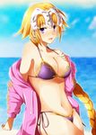  beach blonde_hair blue_eyes blush braid breasts cimeri cleavage collarbone cowboy_shot day eyebrows_visible_through_hair fate/apocrypha fate_(series) headpiece jeanne_d'arc_(fate) jeanne_d'arc_(fate)_(all) large_breasts long_hair looking_at_viewer navel open_mouth smile solo very_long_hair 