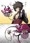  1girl 2koma archimedes_(fate) black_gloves blood blue_eyes brown_hair center_opening chibi comic elizabeth_bathory_(fate) elizabeth_bathory_(fate)_(all) fate/extella fate/extra fate_(series) gloves gojou_shinra horns leash pectorals tail wings 