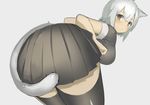  animal_ears ass ass_focus bangs bent_over blush bob_cut breasts cat_ears cat_girl cat_tail ccaw character_request clenched_hand commentary_request cowboy_shot dot_nose expressionless eyebrows_visible_through_hair from_behind grey_eyes grey_legwear grey_shirt grey_skirt hair_between_eyes hands_up large_breasts looking_at_viewer looking_back miniskirt original parted_bangs parted_lips pleated_skirt shirt short_hair short_sleeves silver_background silver_hair simple_background skirt sleeve_cuffs solo standing tail thighhighs zettai_ryouiki 