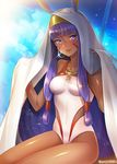  animal_ears bangs blush cloud dark_skin day earrings facial_mark fate/grand_order fate_(series) hair_between_eyes hair_tubes hairband highres hoop_earrings jackal_ears jewelry long_hair looking_at_viewer medjed nitocris_(fate/grand_order) nitocris_(swimsuit_assassin)_(fate) nose_blush one-piece_swimsuit outdoors pantsu_majirou parted_lips purple_eyes purple_hair sitting smile solo swimsuit very_long_hair 