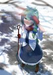  asuzemu bare_shoulders frog_hair_ornament gloves green_eyes green_hair hair_ornament highres kochiya_sanae scarf shovel smile snake_hair_ornament snow solo touhou 