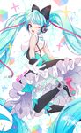  absurdly_long_hair aqua_eyes aqua_hair boots dress gloves hatsune_miku headphones high_heels highres knee_boots long_hair looking_at_viewer looking_back magical_mirai_(vocaloid) o_yat one_eye_closed open_mouth pantyhose solo twintails twitter_username very_long_hair vocaloid white_background 