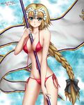  absurdres between_breasts bikini blonde_hair blue_eyes blush bow braid breasts character_name copyright_name fate/apocrypha fate_(series) flag flagpole front-tie_bikini front-tie_top frown hair_bow headpiece highres jeanne_d'arc_(fate) jeanne_d'arc_(fate)_(all) jihadangel large_breasts long_braid long_hair red_bikini side-tie_bikini single_braid solo swimsuit untied very_long_hair 