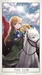  absurdres blonde_hair blue_eyes closed_mouth cloud cloudy_sky day eyebrows_visible_through_hair flag highres holding holding_flag horse huira444 ib long_hair looking_at_viewer mary_(ib) outdoors pixiv_id sky smile solo twitter_username 