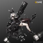  armor armored_dress black_dress blue_eyes breasts cleavage clover collar crossover dark_persona dress elphelt_valentine four-leaf_clover full_body girls_frontline grey_background guilty_gear guilty_gear_xrd gun hair_ornament highres holding holding_weapon huge_weapon medium_breasts npt_(akzkfhsk0503) pale_skin shell_casing short_hair showgirl_skirt silver_hair single_thighhigh solo spikes spoilers thighhighs weapon yellow_eyes 