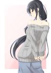  arms_behind_back black_hair brown_eyes casual commentary_request female_admiral_(kantai_collection) from_behind gradient gradient_background hands_together highres kantai_collection long_hair long_sleeves looking_at_viewer looking_back low_ponytail niwatazumi off-shoulder_shirt original pink_background ribbed_sweater shirt sidelocks skirt sleeves_past_wrists smile solo sweater tatebayashi_sakurako 