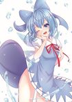  blue_bow blue_eyes blue_hair blush bow cirno eyebrows_visible_through_hair hair_bow head_in_hand looking_at_viewer o_yat one_eye_closed open_mouth puffy_short_sleeves puffy_sleeves red_ribbon ribbon short_hair short_sleeves smile solo touhou water_drop 