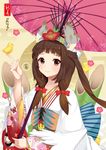  2017 absurdres blush bow brown_eyes brown_hair closed_mouth eyebrows flower hair_bow hair_flower hair_ornament highres holding holding_umbrella long_hair long_sleeves looking_at_viewer original parasol red_bow smile solo umbrella upper_body xian_yu_zhanshi 