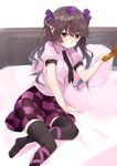  asuzemu bed black_legwear brown_eyes brown_hair cellphone checkered checkered_skirt hat highres himekaidou_hatate looking_at_viewer phone pillow puffy_short_sleeves puffy_sleeves short_sleeves skirt solo thighhighs tokin_hat touhou twintails zettai_ryouiki 