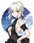  arm_strap artoria_pendragon_(all) artoria_pendragon_(swimsuit_rider_alter) black_ribbon black_swimsuit breasts cleavage cleavage_cutout fate/grand_order fate_(series) hair_between_eyes hair_ribbon hand_on_hip highres looking_at_viewer medium_breasts ribbon shiny shiny_skin sideboob sidelocks silver_hair simple_background solo standing swimsuit takanashi-a upper_body white_background yellow_eyes 