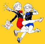  black_shirt blue_shorts brothers clenched_teeth contract cuphead cuphead_(game) drinking_straw full_body mugman multiple_boys personification red_shorts rem_(artist) shirt short_sleeves shorts siblings simple_background teeth white_hair white_skin yellow_background 
