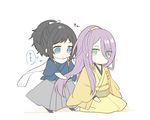  black_hair blue_eyes chibi green_eyes hachisuka_kotetsu hakama japanese_clothes kimono male_focus mole mole_under_eye multiple_boys ponytail purple_hair scarf smile touken_ranbu translated uguisu_mochi_(ykss35) yamato-no-kami_yasusada 