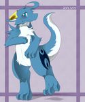  2013 animal_genitalia anthro blue_eyes blue_fur blush dragon fur furred_dragon genital_slit hauyne looking_at_viewer male simple_background slit solo standing white_fur 