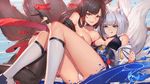  &gt;:) :q aircraft airplane akagi_(azur_lane) animal_ears asymmetrical_docking azur_lane bangs bare_shoulders black_gloves black_hair black_legwear blue_eyes blunt_bangs breast_press breasts cleavage closed_mouth commentary_request detached_collar duan_henglong eyebrows_visible_through_hair eyeliner fox_ears fox_tail gloves grin hair_tubes highres japanese_clothes kaga_(azur_lane) kimono kitsune kneehighs knees_up large_breasts long_hair looking_at_viewer lying makeup md5_mismatch multiple_girls obi on_back parted_lips partly_fingerless_gloves red_eyes revision runway sash short_hair sidelocks silver_hair smile tail thighhighs thighs tongue tongue_out tsurime v-shaped_eyebrows white_hair white_kimono white_legwear 
