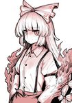  bangs bow buttons closed_mouth collared_shirt commentary_request cowboy_shot eyebrows_visible_through_hair fire fujiwara_no_mokou hair_bow hand_in_pocket juliet_sleeves long_hair long_sleeves looking_at_viewer monochrome oninamako puffy_sleeves shirt simple_background solo suspenders touhou white_background 