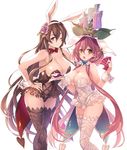  animal_ears bare_shoulders breasts brown_hair bunny_ears bunnysuit card cleavage flower granblue_fantasy hair_between_eyes hair_flower hair_ornament highres large_breasts leaf long_hair looking_at_viewer low_twintails mizuno_(suisuiw) multiple_girls navel one_eye_closed pink_hair plant_girl pointy_ears purple_eyes rose rosetta_(granblue_fantasy) smile thighhighs twintails very_long_hair yggdrasil_(granblue_fantasy) 