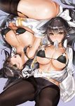  animal_ears ass ass_visible_through_thighs atago_(azur_lane) azur_lane black_hair black_legwear blush bow breast_hold breasts brown_eyes cleavage crotch_seam cum cum_on_body cum_on_breasts cum_on_lower_body cum_on_upper_body eyebrows_visible_through_hair garter_straps gloves hair_bow hair_flaps hair_ribbon huge_breasts long_hair lying mole mole_under_eye mouth_hold multiple_girls no_panties off_shoulder ogino_atsuki on_back open_clothes open_mouth open_shirt panties panties_under_pantyhose pantyhose ponytail ribbon shirt simple_background skirt skirt_lift smile sweat takao_(azur_lane) thighband_pantyhose thighhighs twisted_torso underwear white_gloves white_panties 