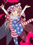  :d \m/ american_flag_dress american_flag_legwear arms_up artist_name bare_arms blonde_hair blue_nails clownpiece dress eyebrows_visible_through_hair facepaint fairy_wings feet_out_of_frame fire hat highres holding jester_cap leg_up light_particles long_hair looking_at_viewer nail_polish neck_ruff open_mouth pantyhose pink_eyes polka_dot polka_dot_hat purple_hat red_nails ringed_eyes short_dress short_hair signature sketch smile solo star star_print striped striped_dress striped_legwear torch touhou toutenkou wings 