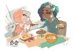  bacon bowl breakfast cereal cheek_poking commentary croissant crown crown_removed dark_skin egg food fork fruit headwear_removed highres hime_(splatoon) iida_(splatoon) inoue_seita kiwifruit milk mole mole_under_mouth multiple_girls official_art orange pajamas poking sleepy splatoon_(series) splatoon_2 spoon tentacle_hair toast 