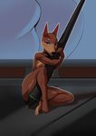  2017 anthro blush breasts butt canine collar digital_media_(artwork) doberman dog feet female fur gewitter looking_at_viewer makeup mammal nude pen simple_background sitting smile solo tablet toes 