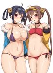  :/ :o ahoge areola_slip areolae arms_behind_back azur_lane bikini black_hair blush breasts brown_hair choker collarbone commentary_request covered_nipples cowboy_shot fur-trimmed_jacket fur_trim hair_rings holding_hands jacket large_breasts long_hair looking_at_viewer multiple_girls navel ning_hai_(azur_lane) off_shoulder ping_hai_(azur_lane) purple_bikini purple_eyes red_bikini siblings simple_background sisters skindentation small_breasts stomach swimsuit twintails v-shaped_eyebrows very_long_hair visor_cap white_background yamaori 