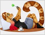  2017 anthro clothed clothing digital_media_(artwork) ekzayaaa feline female green_eyes leopard lying mammal on_back simple_background smile solo white_background 