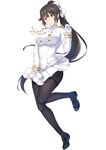  3: aiguillette azur_lane bangs black_footwear black_hair black_legwear blush breasts brown_eyes closed_mouth commentary_request epaulettes eyebrows_visible_through_hair full_body gloves hair_flaps half_gloves hand_up highres large_breasts leg_up loafers long_hair looking_at_viewer military military_uniform miniskirt pantyhose pleated_skirt ponytail shoes sidelocks simple_background skirt solo takao_(azur_lane) terry_(pixiv3274443) thighband_pantyhose thighs tsurime uniform very_long_hair white_background white_gloves white_skirt 