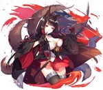  abusoru akagi_(azur_lane) animal_ears azur_lane bangs black_gloves black_hair black_legwear breasts cleavage closed_mouth cropped_legs fire fox_ears fox_tail gloves highres japanese_clothes large_breasts long_hair miniskirt multiple_tails partly_fingerless_gloves red_eyes red_skirt shiny shiny_hair simple_background skirt smile solo tail thighhighs white_background wide_sleeves 