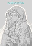  cape character_name circlet earrings expressionless fur fur_cape grey_background greyscale hatchet holding jewelry long_hair looking_at_viewer lowres monochrome oriental_hatchet sakata_nemuno slit_pupils solo touhou upper_body wavy_hair yamamomo_(plank) 