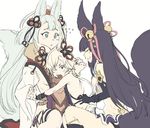  2girls animal_ears backless_outfit blue_eyes blush breasts cleavage detached_sleeves erune fox_ears fox_tail granblue_fantasy hair_ornament hair_over_one_eye kou_(granblue_fantasy) long_hair multiple_girls open_mouth sideboob silver_hair sketch small_breasts smile socie_(granblue_fantasy) sunao_(souis) tail very_long_hair yellow_eyes yuel_(granblue_fantasy) 