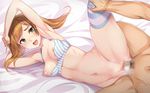  1girl areolae arm_up armpits bare_arms bare_shoulders bed blush bra breasts censored clothed_female_nude_male ero_goods!_h_na_omocha_de_kaikan_engine floating_hair game_cg green_eyes highres indoors leg_up long_hair lying mosaic_censoring navel nipple_slip nipples no_panties on_bed on_side oohara_kyuutarou open_mouth orange_hair penis pussy sex shaved shaved_pussy small_breasts solo_focus striped striped_bra striped_legwear sweat vaginal 