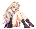  bangs bare_legs between_legs black_ribbon black_skirt blonde_hair blush boots brown_footwear closed_mouth full_body gradient gradient_hair hair_flaps hair_ribbon hand_between_legs highres kantai_collection knees_up long_hair looking_at_viewer miniskirt multicolored_hair nyum pink_scrunchie red_eyes red_hair remodel_(kantai_collection) ribbon ribbon-trimmed_skirt ribbon_trim scrunchie shirt short_sleeves sidelocks signature simple_background sitting skirt smile solo tareme twitter_username white_background white_shirt wrist_scrunchie yuudachi_(kantai_collection) 