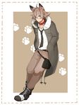  ahoge animal_ears belt black_footwear black_neckwear blue_eyes brown_hair brown_pants collar dog_collar dog_ears fur_trim gen_7_pokemon hands_in_pockets highres ituyakitori jacket looking_at_viewer lycanroc male_focus pants paw_print_pattern personification pocket pokemon pouch shirt standing white_shirt 