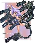  :&lt; animal_ears assault_rifle bare_shoulders blue_swimsuit blush boots bracelet closed_mouth commentary_request dog_child_(doitsuken) dog_ears doitsuken eyebrows_visible_through_hair flying_sweatdrops gun highres holding jewelry machine_gun name_tag one-piece_swimsuit original purple_hair railgun red_eyes rifle rope school_swimsuit scope short_hair slit_pupils sniper_rifle solo swimsuit v-shaped_eyebrows weapon 