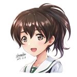  :d artist_name bangs black_ribbon brown_eyes brown_hair collarbone dated eyebrows_visible_through_hair girls_und_panzer hair_between_eyes hair_ribbon koyama_yuzu latin_cross looking_at_viewer ooarai_school_uniform open_mouth ponytail portrait ribbon school_uniform serafuku shamakho shiny shiny_hair short_hair short_ponytail signature simple_background smile solo tareme white_background 