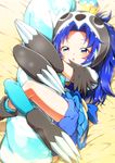  :o animal_costume bed_sheet blue_dress blue_eyes blue_hair blue_legwear blue_shorts claws commentary_request crown cure_gelato dress eyebrows_visible_through_hair from_above half-closed_eyes kirakira_precure_a_la_mode leg_lock long_hair looking_at_viewer lying mini_crown object_hug on_back precure shiny shiny_hair shorts sloth_costume solo tategami_aoi yuto_(dialique) 