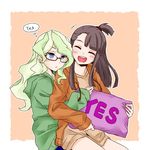  blonde_hair blue_eyes blush brown_hair closed_eyes commentary_request diana_cavendish english hood hooded_jacket hug hug_from_behind jacket kagari_atsuko little_witch_academia multiple_girls raisun red_eyes shorts sitting sitting_on_lap sitting_on_person yes yes-no_pillow yuri 