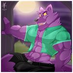  2017 aaron_(artist) abs anthro belt bernard_(ok_k.o.!_lbh) biceps bulge canine cartoon_network clothed clothing fur grin male mammal muscular ok_k.o.!_let&#039;s_be_heroes open_shirt pants pecs purple_fur shirt shorts smile solo torn_clothing were werewolf 