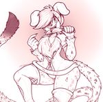  anthro blood camel_toe canine clothed clothing commission-mission female knife looking_at_viewer mammal monochrome smile solo thick_thighs tongue tongue_out wide_hips 