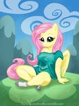  2014 anthro anthrofied bottomless buckitponydoodles clothed clothing cloud digital_media_(artwork) equine eyelashes feathered_wings feathers female fluttershy_(mlp) friendship_is_magic grass hair legwear long_hair mammal mountain my_little_pony outside pegasus shirt sitting sky smile socks solo wings 
