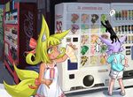  2girls :q animal animal_ears animal_on_head bangs blonde_hair blue_shirt blunt_bangs blush bracelet cat cat_on_head child commentary_request dog_child_(doitsuken) dog_ears doitsuken dress eyebrows_visible_through_hair food fox_child_(doitsuken) fox_ears fox_tail highres holding ice_cream jewelry low_twintails multiple_girls multiple_tails no_socks on_head original pigeon-toed purple_eyes sandals shirt short_eyebrows short_hair shorts smile standing summer surprised t-shirt tail tan tanline thick_eyebrows tongue tongue_out twintails two_tails vending_machine white_dress white_shorts yellow_eyes 